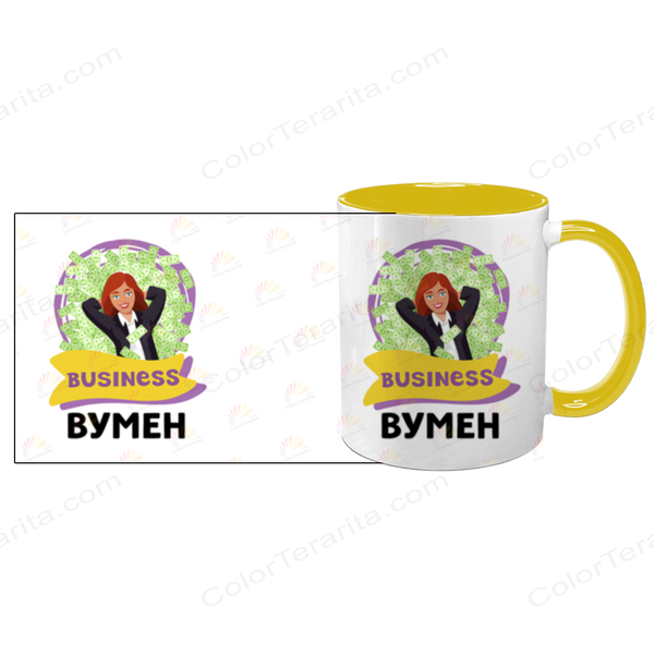 Чашка желтая с принтом - Бизнес вумен 10.131 фото