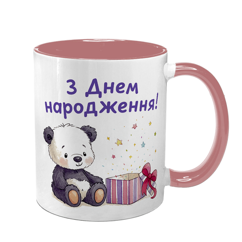 Чашка на ДР, розовая с принтом - с Днем Рождения (мишка) 6.1.26 фото