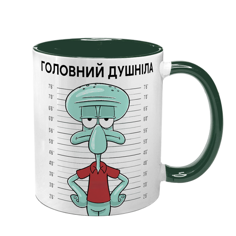 Чашка темно-зеленая с принтом - Главный душила 10.27 фото