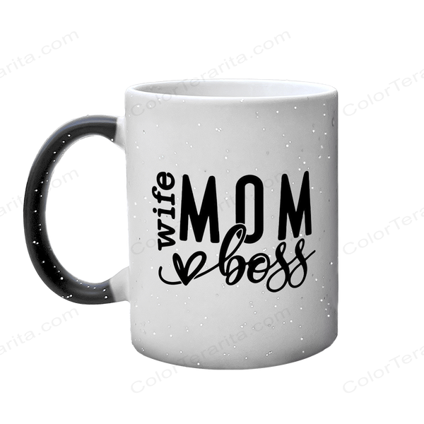 Чашка для Мами, хамелеон з блискітками з принтом - Wife MOM boss (Дружина Мама Босс) 1.1.65 фото