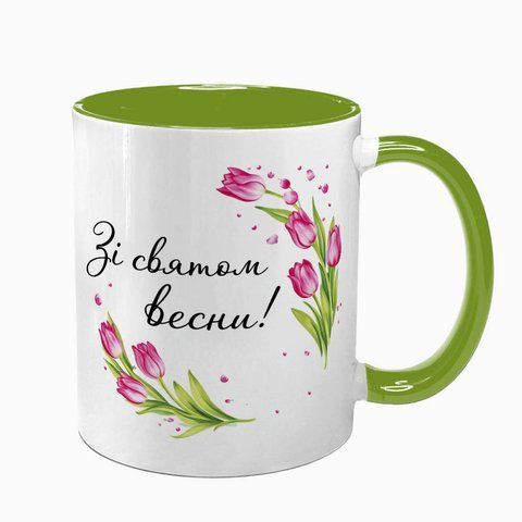 Чашка салатовая с принтом - весна начинается с твоей улыбки 6.5.52 фото